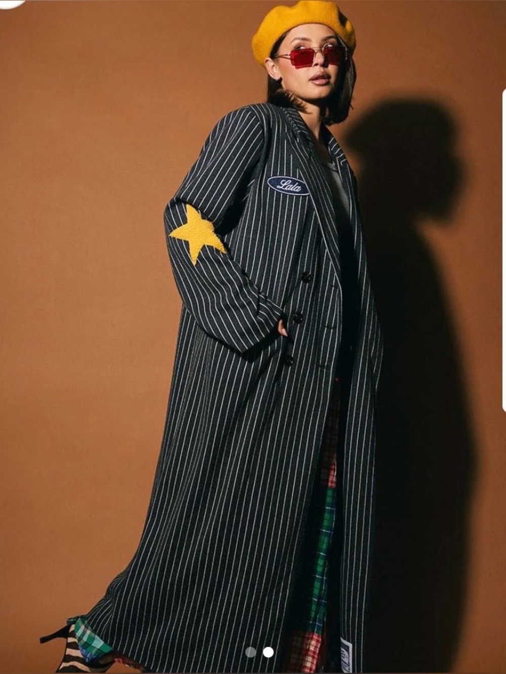 Dressed in Lala Long Pinstripe Coat with Yellow Star Elbow Detail - Women